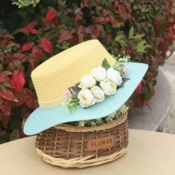 Wide Brim Summer Beach Hat with Floral Lace Tie, Breathable Paper Material, Elegant Pastel Design for Outdoor Sun Protection