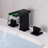 Widespread Bathroom Faucet Waterfall Sink Mixer Basin Taps LED 3 Color with Temperature, Brass 3 Hole 2 Handle Deck Mounted, Washroom Vessel Water Tap with Hot and Cold Hose