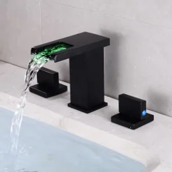Widespread Bathroom Faucet Waterfall Sink Mixer Basin Taps LED 3 Color with Temperature, Brass 3 Hole 2 Handle Deck Mounted, Washroom Vessel Water Tap with Hot and Cold Hose