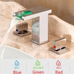 Widespread Bathroom Faucet Waterfall Sink Mixer Basin Taps LED 3 Color with Temperature, Brass 3 Hole 2 Handle Deck Mounted, Washroom Vessel Water Tap with Hot and Cold Hose
