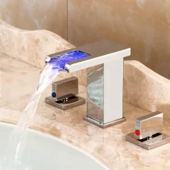 Widespread Bathroom Faucet Waterfall Sink Mixer Basin Taps LED 3 Color with Temperature, Brass 3 Hole 2 Handle Deck Mounted, Washroom Vessel Water Tap with Hot and Cold Hose