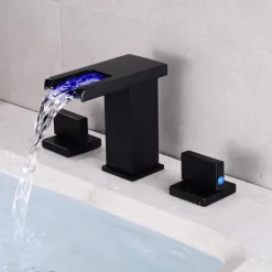 Widespread Bathroom Faucet Waterfall Sink Mixer Basin Taps LED 3 Color with Temperature, Brass 3 Hole 2 Handle Deck Mounted, Washroom Vessel Water Tap with Hot and Cold Hose