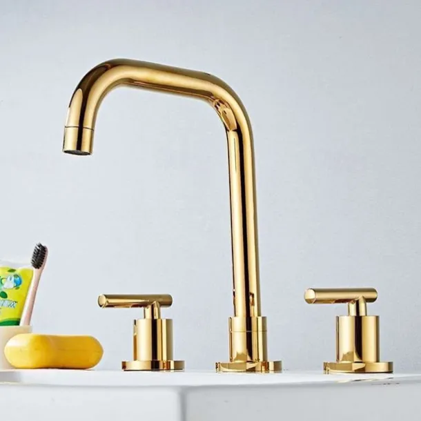 Widespread Bathroom Sink Mixer Faucet Deck Mounted, 360 Swivel Brass 3 Hole 2 Handle Basin Tap, Washroom Basin Vessel Water Tap with Hot and Cold Water Hose