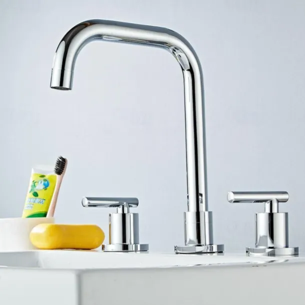 Widespread Bathroom Sink Mixer Faucet Deck Mounted, 360 Swivel Brass 3 Hole 2 Handle Basin Tap, Washroom Basin Vessel Water Tap with Hot and Cold Water Hose