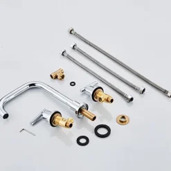 Widespread Bathroom Sink Mixer Faucet Deck Mounted, 360 Swivel Brass 3 Hole 2 Handle Basin Tap, Washroom Basin Vessel Water Tap with Hot and Cold Water Hose