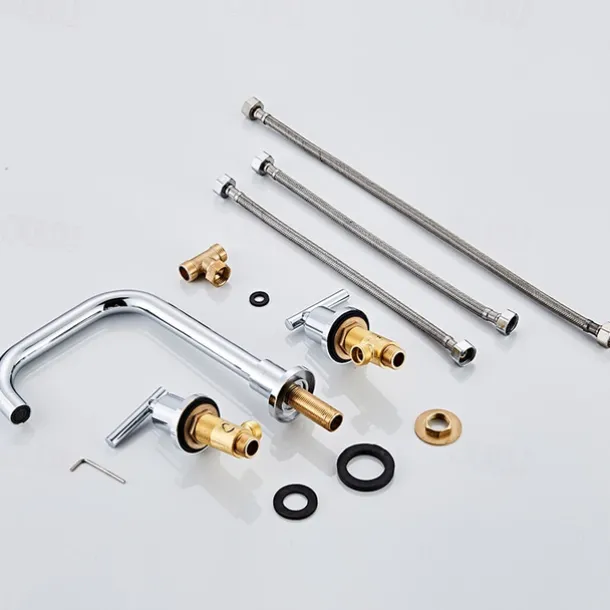 Widespread Bathroom Sink Mixer Faucet Deck Mounted, 360 Swivel Brass 3 Hole 2 Handle Basin Tap, Washroom Basin Vessel Water Tap with Hot and Cold Water Hose