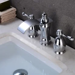 Widespread Bathroom Sink Faucet,Two Handle Three Holes Waterfall Electroplated Bath Taps