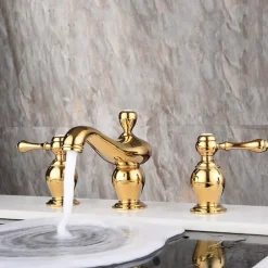 Widespread Bathroom Sink Mixer Faucet, 3 Hole 2 Handle Gold Brass Basin Taps Washroom Vessel Water Tap, Hot and Cold Hose Deck Mounted