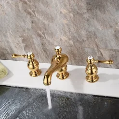 Widespread Bathroom Sink Mixer Faucet, 3 Hole 2 Handle Gold Brass Basin Taps Washroom Vessel Water Tap, Hot and Cold Hose Deck Mounted