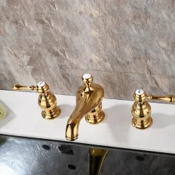 Widespread Bathroom Sink Mixer Faucet, 3 Hole 2 Handle Gold Brass Basin Taps Washroom Vessel Water Tap, Hot and Cold Hose Deck Mounted