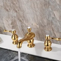 Widespread Bathroom Sink Mixer Faucet, 3 Hole 2 Handle Gold Brass Basin Taps Washroom Vessel Water Tap, Hot and Cold Hose Deck Mounted