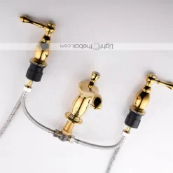 Widespread Bathroom Sink Mixer Faucet, 3 Hole 2 Handle Gold Brass Basin Taps Washroom Vessel Water Tap, Hot and Cold Hose Deck Mounted
