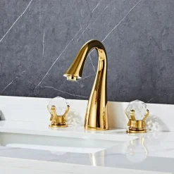 Widespread Bathroom Sink Mixer Faucet, 3 Hole 2 Crystal Handle Traditional Basin Taps Deck Mounted with Hot and Cold Hose, Vessel Water Tap