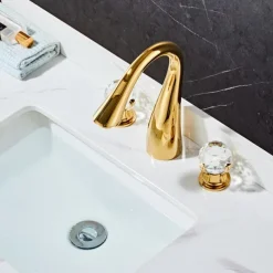 Widespread Bathroom Sink Mixer Faucet, 3 Hole 2 Crystal Handle Traditional Basin Taps Deck Mounted with Hot and Cold Hose, Vessel Water Tap