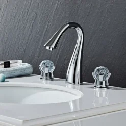 Widespread Bathroom Sink Mixer Faucet, 3 Hole 2 Crystal Handle Traditional Basin Taps Deck Mounted with Hot and Cold Hose, Vessel Water Tap