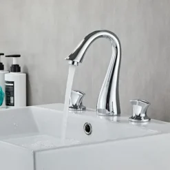 Widespread Bathroom Sink Mixer Faucet, 3 Hole 2 Handle Brass Valve Deck Mounted Basin Taps with Hot and Cold Hose, Vessel Water Tap