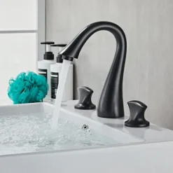 Widespread Bathroom Sink Mixer Faucet, 3 Hole 2 Handle Brass Valve Deck Mounted Basin Taps with Hot and Cold Hose, Vessel Water Tap