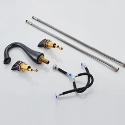 Widespread Bathroom Sink Mixer Faucet, 3 Hole 2 Handle Brass Valve Deck Mounted Basin Taps with Hot and Cold Hose, Vessel Water Tap