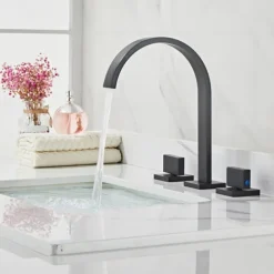 Widespread Bathroom Sink Mixer Faucet, High Arc Basin Taps 3 Hole 2 Handle Basin Tap Deck Mounted, Y-shape Quick Connect ashroom Vessel Water Tap with Cold Hot Hose