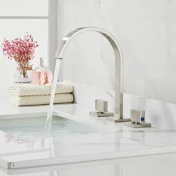 Widespread Bathroom Sink Mixer Faucet, High Arc Basin Taps 3 Hole 2 Handle Basin Tap Deck Mounted, Y-shape Quick Connect ashroom Vessel Water Tap with Cold Hot Hose