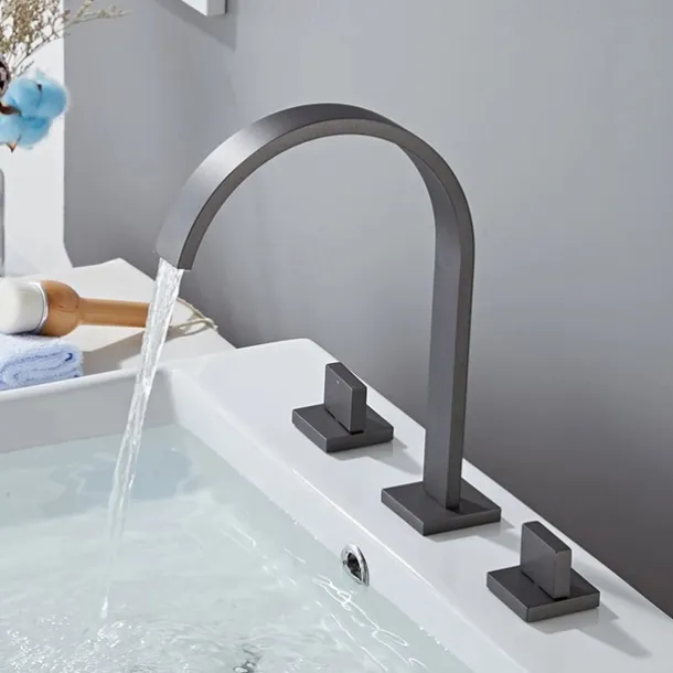 Widespread Bathroom Sink Mixer Faucet, High Arc Basin Taps 3 Hole 2 Handle Basin Tap Deck Mounted, Y-shape Quick Connect ashroom Vessel Water Tap with Cold Hot Hose