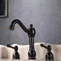 Widespread Bathroom Sink Mixer Faucet, 360° Swivel Brass 3 Hole 2 Handle Basin Tap Deck Mounted, Washroom Basin Vessel Water Tap with Hot and Cold Hose