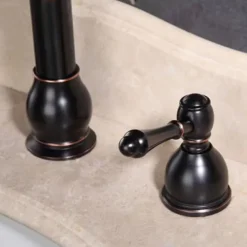 Widespread Bathroom Sink Mixer Faucet, 360° Swivel Brass 3 Hole 2 Handle Basin Tap Deck Mounted, Washroom Basin Vessel Water Tap with Hot and Cold Hose