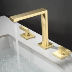 Widespread Bathroom Sink Mixer Faucet, 360 Swivel Brass 3 Hole 2 Handle Basin Tap Deck Mounted, Washroom Basin Vessel Water Tap with Hot and Cold Hose Black Chrome Golden White Grey