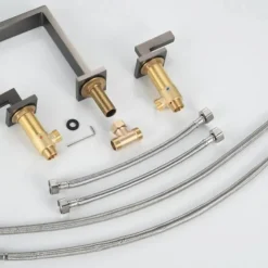 Widespread Bathroom Sink Mixer Faucet, 360 Swivel Brass 3 Hole 2 Handle Basin Tap Deck Mounted, Washroom Basin Vessel Water Tap with Hot and Cold Hose Black Chrome Golden White Grey