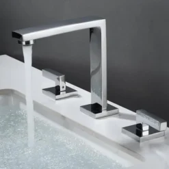 Widespread Bathroom Sink Mixer Faucet, 360 Swivel Brass 3 Hole 2 Handle Basin Tap Deck Mounted, Washroom Basin Vessel Water Tap with Hot and Cold Hose Black Chrome Golden White Grey