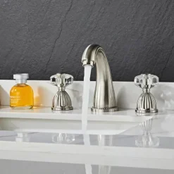 Widespread Bathroom Sink Mixer Faucet, 3 Holes 2 Handle Basin Tap, Retro Style Crystal Handle Brass Bathroom Sink Faucet Contain with Supply Lines and Hot Cold Water Hose Deck Mounted