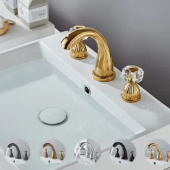Widespread Bathroom Sink Mixer Faucet, 3 Holes 2 Handle Basin Tap, Retro Style Crystal Handle Brass Bathroom Sink Faucet Contain with Supply Lines and Hot Cold Water Hose Deck Mounted