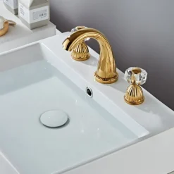Widespread Bathroom Sink Mixer Faucet, 3 Holes 2 Handle Basin Tap, Retro Style Crystal Handle Brass Bathroom Sink Faucet Contain with Supply Lines and Hot Cold Water Hose Deck Mounted