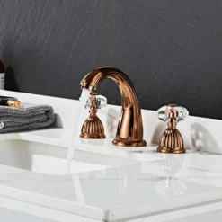 Widespread Bathroom Sink Mixer Faucet, 3 Holes 2 Handle Basin Tap, Retro Style Crystal Handle Brass Bathroom Sink Faucet Contain with Supply Lines and Hot Cold Water Hose Deck Mounted