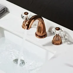 Widespread Bathroom Sink Mixer Faucet, 3 Holes 2 Handle Basin Tap, Retro Style Crystal Handle Brass Bathroom Sink Faucet Contain with Supply Lines and Hot Cold Water Hose Deck Mounted