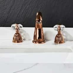 Widespread Bathroom Sink Mixer Faucet, 3 Holes 2 Handle Basin Tap, Retro Style Crystal Handle Brass Bathroom Sink Faucet Contain with Supply Lines and Hot Cold Water Hose Deck Mounted