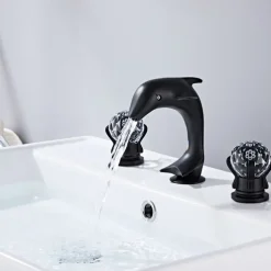 Widespread Bathroom Sink Mixer Faucet, 3 Holes 2 Handle Basin Tap, Retro Style Crystal Handle Brass Bathroom Sink Faucet Contain with Supply Lines and Hot Cold Water Hose Deck Mounted