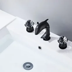Widespread Bathroom Sink Mixer Faucet, 3 Holes 2 Handle Basin Tap, Retro Style Crystal Handle Brass Bathroom Sink Faucet Contain with Supply Lines and Hot Cold Water Hose Deck Mounted