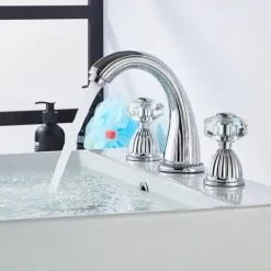 Widespread Bathroom Sink Mixer Faucet, 3 Holes 2 Handle Basin Tap, Retro Style Crystal Handle Brass Bathroom Sink Faucet Contain with Supply Lines and Hot Cold Water Hose Deck Mounted