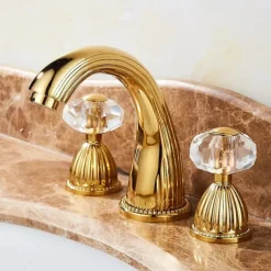 Widespread Bathroom Sink Mixer Faucet, 3 Holes 2 Handle Basin Tap, Retro Style Crystal Handle Brass Bathroom Sink Faucet Contain with Supply Lines and Hot Cold Water Hose Deck Mounted