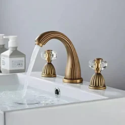 Widespread Bathroom Sink Mixer Faucet, 3 Holes 2 Handle Basin Tap, Retro Style Crystal Handle Brass Bathroom Sink Faucet Contain with Supply Lines and Hot Cold Water Hose Deck Mounted