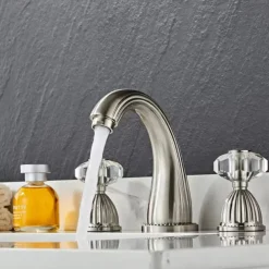 Widespread Bathroom Sink Mixer Faucet, 3 Holes 2 Handle Basin Tap, Retro Style Crystal Handle Brass Bathroom Sink Faucet Contain with Supply Lines and Hot Cold Water Hose Deck Mounted