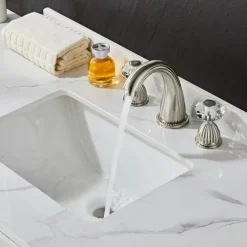 Widespread Bathroom Sink Mixer Faucet, 3 Holes 2 Handle Basin Tap, Retro Style Crystal Handle Brass Bathroom Sink Faucet Contain with Supply Lines and Hot Cold Water Hose Deck Mounted