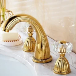Widespread Bathroom Sink Mixer Faucet, 3 Holes 2 Handle Basin Tap, Retro Style Crystal Handle Brass Bathroom Sink Faucet Contain with Supply Lines and Hot Cold Water Hose Deck Mounted