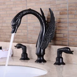 Widespread Bathroom Sink Mixer Faucet, 2 Handle 3 Holes Basin Taps Swan Noble Luxury Golden and Oil-rubbed Bronze Bath Taps