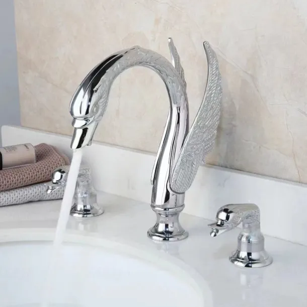 Widespread Bathroom Sink Mixer Faucet, 2 Handle 3 Holes Basin Taps Swan Noble Luxury Golden and Oil-rubbed Bronze Bath Taps