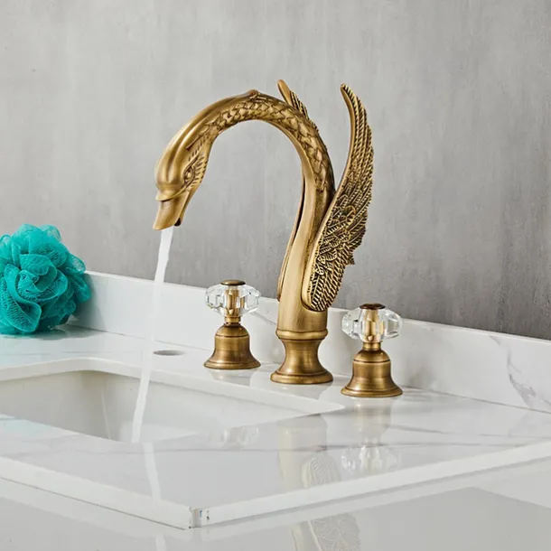 Widespread Bathroom Sink Mixer Faucet, 2 Handle 3 Holes Basin Taps Swan Noble Luxury Golden and Oil-rubbed Bronze Bath Taps