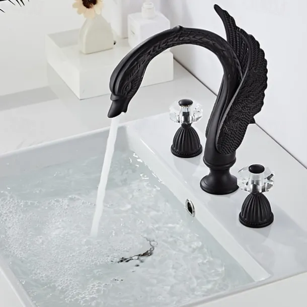 Widespread Bathroom Sink Mixer Faucet, 2 Handle 3 Holes Basin Taps Swan Noble Luxury Golden and Oil-rubbed Bronze Bath Taps