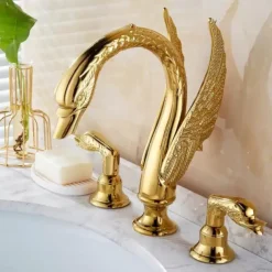 Widespread Bathroom Sink Mixer Faucet, 2 Handle 3 Holes Basin Taps Swan Noble Luxury Golden and Oil-rubbed Bronze Bath Taps
