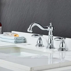 Widespread Bathroom Sink Mixer Faucet, 3 Hole 2 Handle Brass Basin Taps Vessel Water Tap Washroom with Hot and Cold Hose Deck Mounted, Wash Basin Faucet